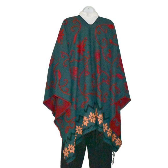 B0 NWT MOSS ROSE Teal Flower Knit Fringed Square Poncho Cape Wrap Shawl Size O/S - Picture 4 of 6